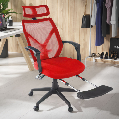 chaise de bureau rouge neo maille accoudoirs fixes appui tete repose pieds extensible 2