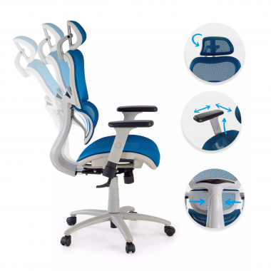 chaise ergonomique blanc bleu structure blanche maille accoudoirs reglables 3d double soutien lombaire appui tete 3