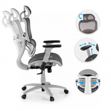 chaise ergonomique blanc gris structure blanche maille accoudoirs reglables 3d double soutien lombaire appui tete 3