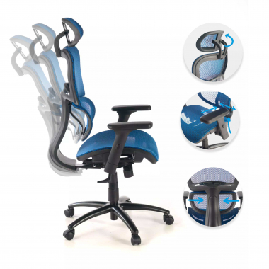 chaise ergonomique bleu structure noire maille accoudoirs reglables 3d double soutien lombaire appui tete 3