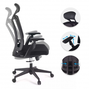 chaise ergonomique noir ridley maille accoudoirs reglables 3d soutien lombaire appui tete 3