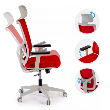 chaise de bureau blanc rouge structure blanche appui tete maille accoudoirs reglables 1d soutien lombaire appui tete 3