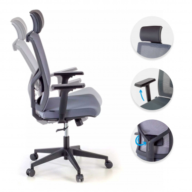 chaise de bureau gris structure noire maille accoudoirs reglables 1d soutien lombaire appui tete 3