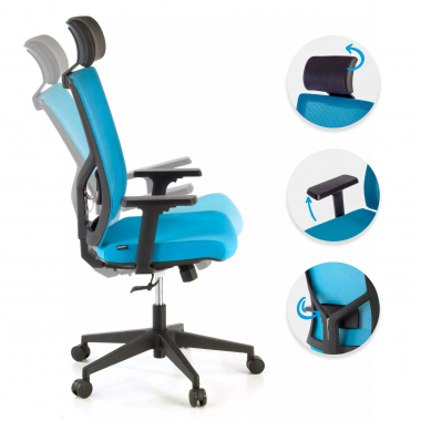 chaise de bureau bleu structure noire maille accoudoirs reglables 1d soutien lombaire appui tete 3