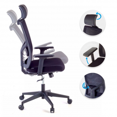 chaise de bureau noir structure noire maille accoudoirs reglables 1d soutien lombaire appui tete 3