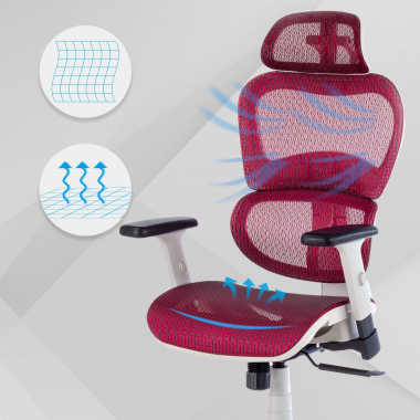 chaise ergonomique blanc rouge structure blanche maille accoudoirs reglables 3d double soutien lombaire appui tete 4
