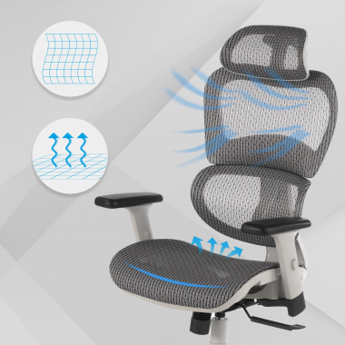 chaise ergonomique blanc gris structure blanche maille accoudoirs reglables 3d double soutien lombaire appui tete 4