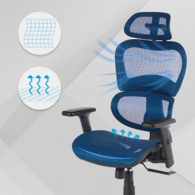 chaise ergonomique bleu structure noire maille accoudoirs reglables 3d double soutien lombaire appui tete 4