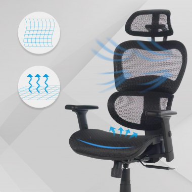 chaise ergonomique noir structure noire maille accoudoirs reglables 3d double soutien lombaire appui tete 4