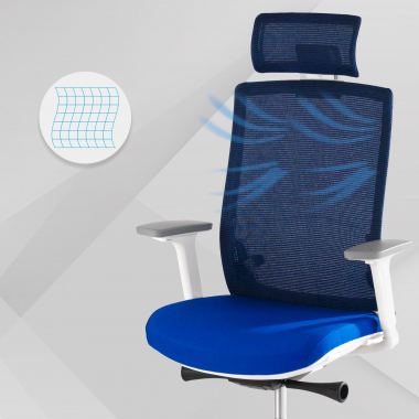 chaise de bureau blanc bleu boston maille accoudoirs reglables 3d appui tete 4