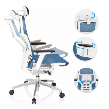 chaise de bureau pas cher blanc bleu structure blanche maille accoudoirs reglables 4d soutien lombaire appui tete 3