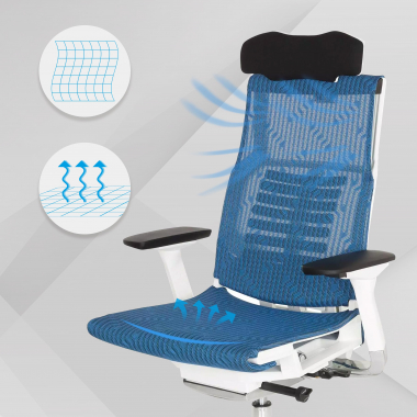 chaise de bureau pas cher blanc bleu structure blanche maille accoudoirs reglables 4d soutien lombaire appui tete 4
