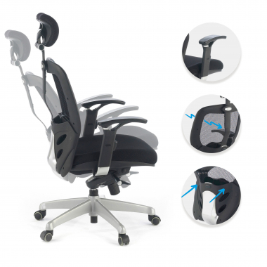 chaise teletravail noir avec appui tete maille accoudoirs reglables 3d soutien lombaire appui tete 3