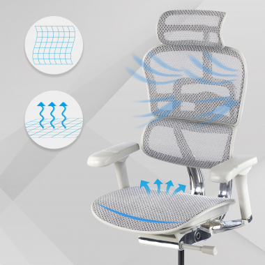 chaise ergonomique blanc gris structure blanche rouge maille accoudoirs reglables 5d appui tete 4