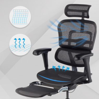 chaise ergonomique noir structure noire repose pieds maille accoudoirs mobiles appui tete repose pieds extensible 4