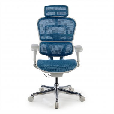 chaise ergonomique blanc bleu structure blanche rouge maille accoudoirs mobiles appui tete 5