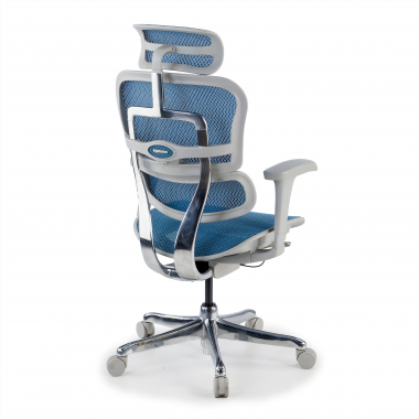 chaise ergonomique blanc bleu structure blanche rouge maille accoudoirs mobiles appui tete 7
