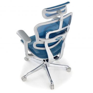 chaise ergonomique blanc bleu structure blanche rouge maille accoudoirs mobiles appui tete 9