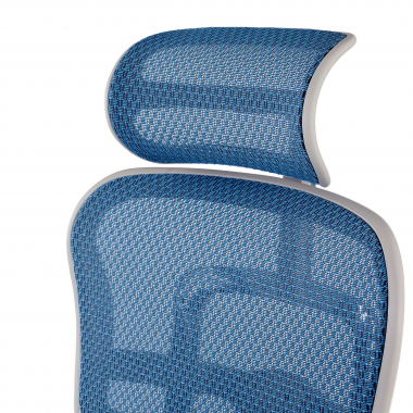 chaise ergonomique blanc bleu structure blanche rouge maille accoudoirs mobiles appui tete 11