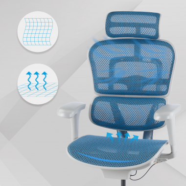 chaise ergonomique blanc bleu structure blanche rouge maille accoudoirs mobiles appui tete 4