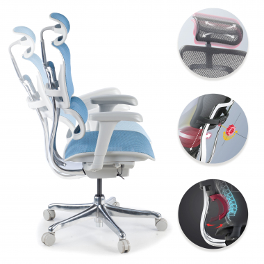 chaise ergonomique blanc bleu structure blanche rouge maille accoudoirs mobiles appui tete 3