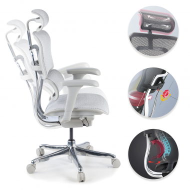 chaise ergonomique blanc gris structure blanche rouge maille accoudoirs mobiles appui tete 3