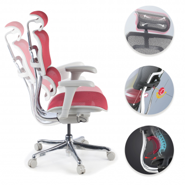 chaise ergonomique blanc rouge structure blanche rouge maille accoudoirs mobiles appui tete 3