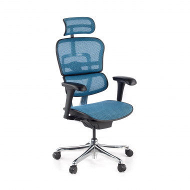 chaise ergonomique bleu structure noire rouge maille accoudoirs mobiles appui tete 1