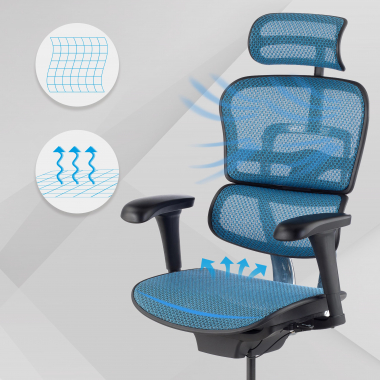 chaise ergonomique bleu structure noire rouge maille accoudoirs mobiles appui tete 4