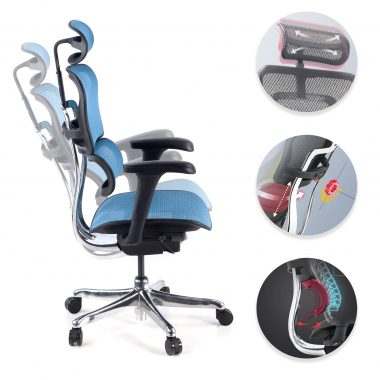 chaise ergonomique bleu structure noire rouge maille accoudoirs mobiles appui tete 3