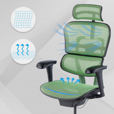 chaise ergonomique vert structure noire rouge maille accoudoirs mobiles appui tete 4