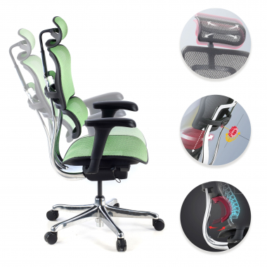 chaise ergonomique vert structure noire rouge maille accoudoirs mobiles appui tete 3