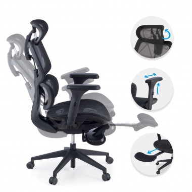 chaise ergonomique noir every maille accoudoirs reglables 3d appui tete repose pieds extensible 3