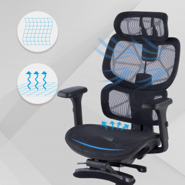 chaise ergonomique noir every maille accoudoirs reglables 3d appui tete repose pieds extensible 4