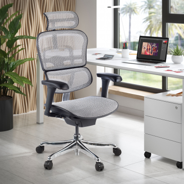 chaise ergonomique gris structure noire rouge maille accoudoirs mobiles appui tete 2