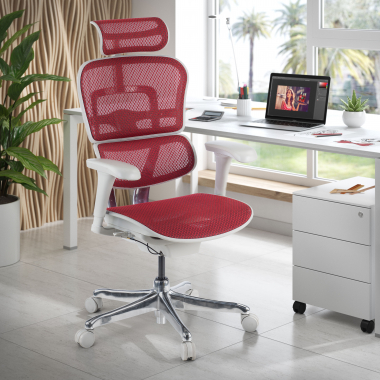 chaise ergonomique blanc rouge structure blanche rouge maille accoudoirs mobiles appui tete 2