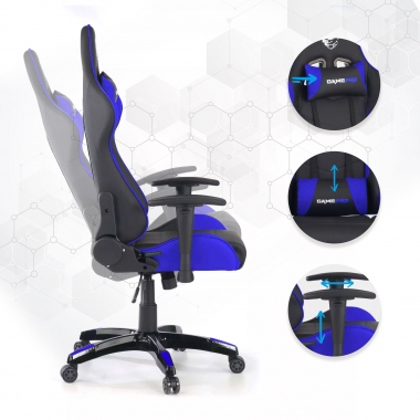 chaise gaming bleu game pro simil cuir accoudoirs mobiles coussin lombaire et cervical appui tete 3