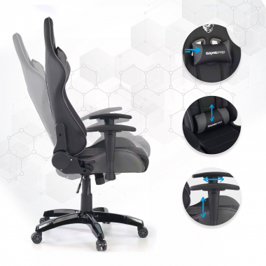 chaise gaming gris game pro simil cuir accoudoirs mobiles coussin lombaire et cervical appui tete 3