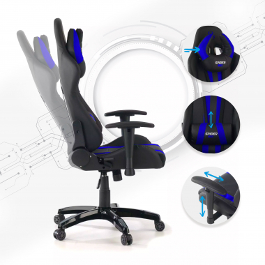chaise gaming bleu spider simil cuir accoudoirs mobiles coussin lombaire et cervical appui tete 3