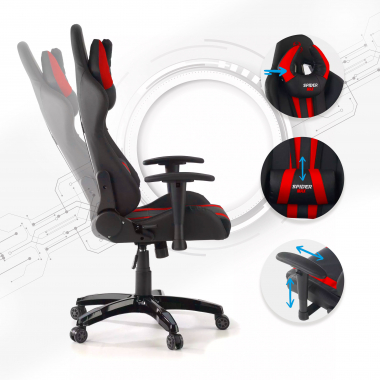 chaise gaming rouge spider simil cuir accoudoirs mobiles coussin lombaire et cervical appui tete 3
