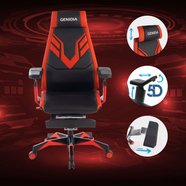 chaise gaming rouge genidia cuir authentique accoudoirs reglables 5d soutien lombaire repose pieds extensible 3