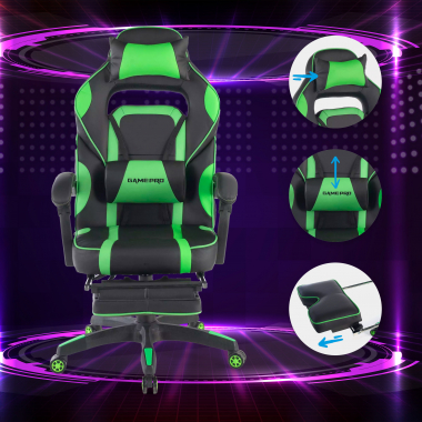 chaise gaming vert logan simil cuir accoudoirs mobiles coussin lombaire et cervical appui tete repose pieds extensible 3