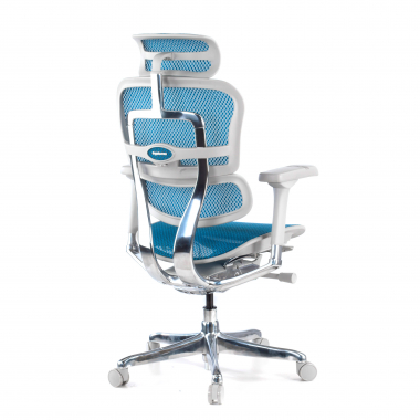 chaise ergonomique blanc bleu structure blanche rouge maille accoudoirs reglables 5d appui tete 6