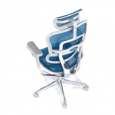 chaise ergonomique blanc bleu structure blanche rouge maille accoudoirs reglables 5d appui tete 7