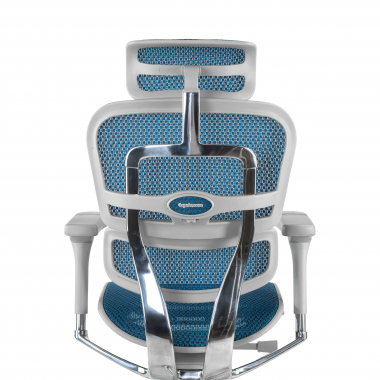 chaise ergonomique blanc bleu structure blanche rouge maille accoudoirs reglables 5d appui tete 8