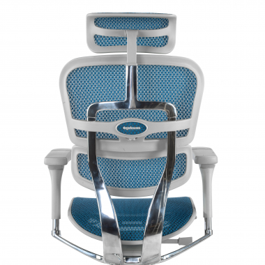 chaise ergonomique blanc bleu structure blanche rouge maille accoudoirs reglables 5d appui tete 9