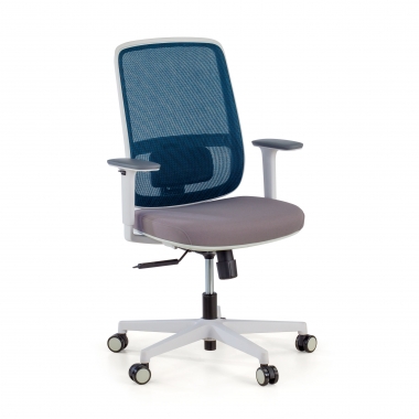 chaise de bureau blanc bleu structure blanche maille accoudoirs reglables 1d soutien lombaire 1