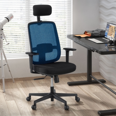 chaise de bureau bleu structure noire appui tete maille accoudoirs reglables 1d soutien lombaire appui tete 2
