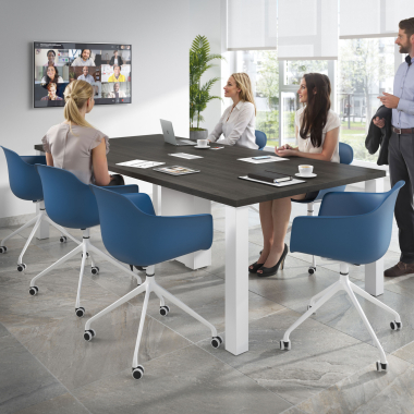 chaise de reunion blanc bleu avec roulettes plastique accoudoirs fixes 2