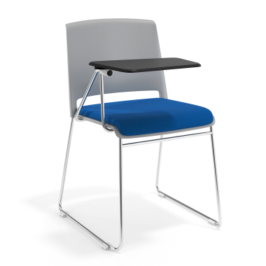 chaise avec tablette gris bleu avec une ecritoire rembourree tissu sans accoudoirs 1